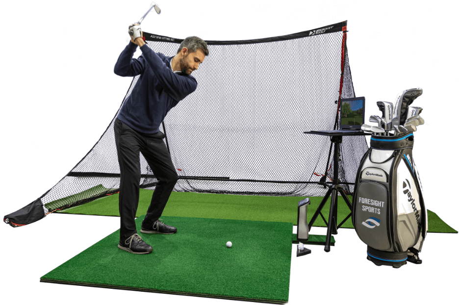 Golfer using a self-assembly Sim-in-a-Box golf simulator